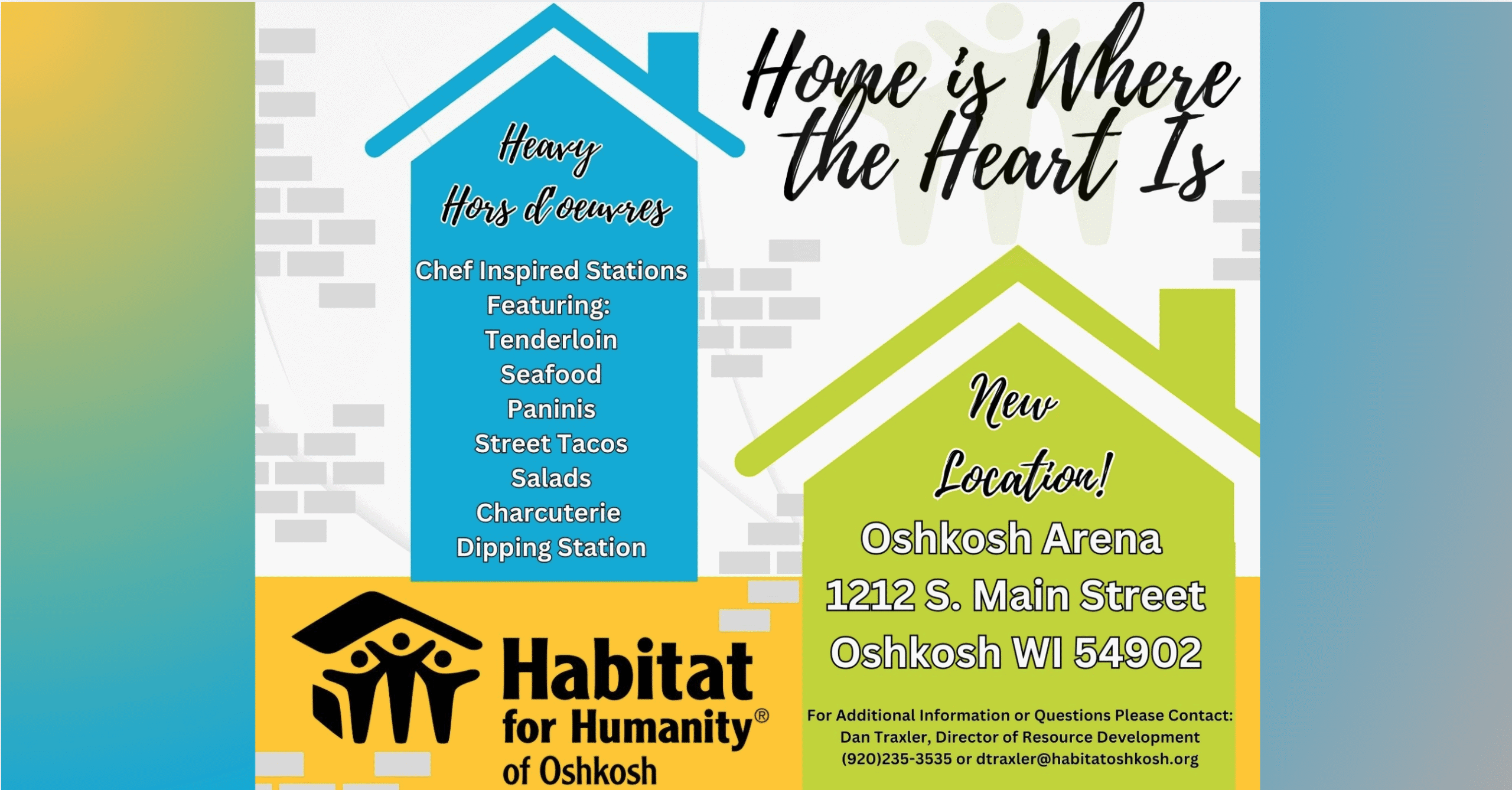 Habitat for Humanity fundraiser flier image advertising the date and time of the fundraiser, and describing the location of the Oshkosh Arena
