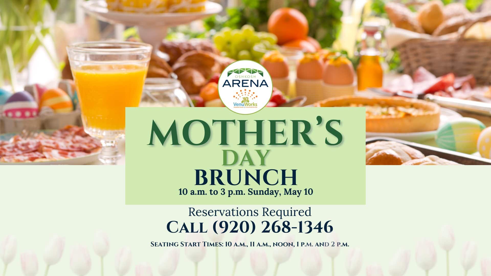 image showing a brunch in the background of a Mother's Day brunch promotion Held by the Oshkosh arena. the image features shades of green and floral assets.